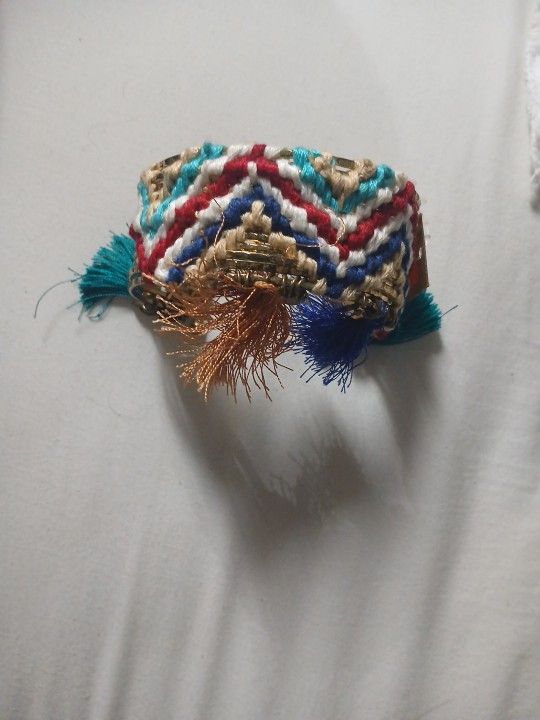 Boho Woven Cuff Bracelet | Friendship Style Multicolor Chain & Charm | Made...