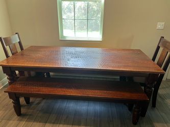 World Market Solid Wood Farmhouse Dining Table with Benches and Chairs