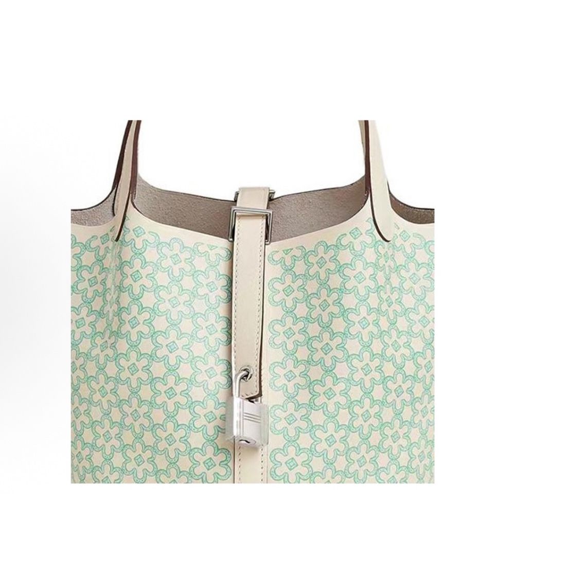 HERMES Picotin Lock Lucky Daisy Silver Buckle Flower Pattern Print Swift Calfskin Vegetable Basket Bucket Bag Handbag 18 Women's Gray/Green(s115)84