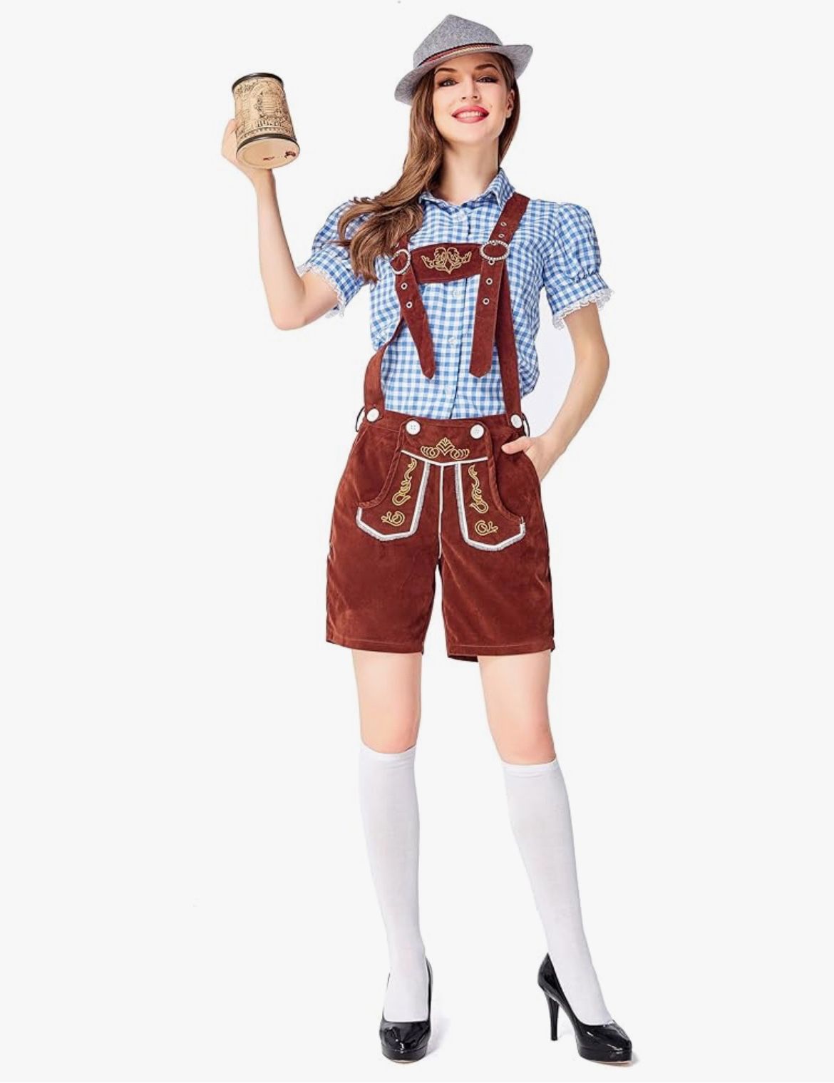 Womens German Oktoberfest Costume Bavarian Oktoberfest Lederhosen Plaid Blouse and Suspenders Shorts