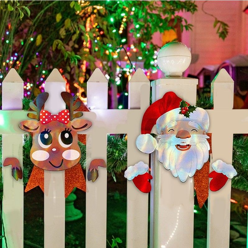 Christmas Fence Peeker Decoration Peeking Santa Claus Elk Garden Yard Decorations Fence Decorations with Sticker Xmas Outdoor Garden Fence Sign Orname