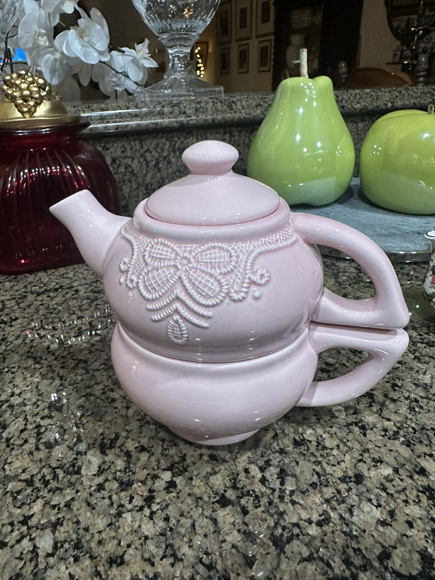 Pink Ceramic Tea Pot With Cup