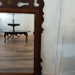 Cherry wood mirror, cocktail, and side table