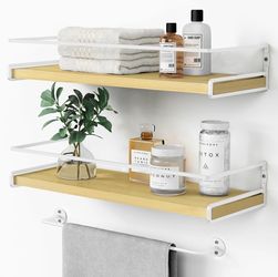 Forbena Natural Wood Bathroom Floating Shelves for Wall Set of 2, Light Wood Wall Shelves with Rail for Bathroom Nursery Office (Natural Wood and Whit