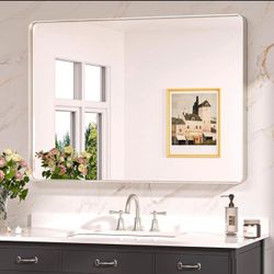 Brushed Nickel Mirror 40 x 30 Inch Large Silver Bathroom Mirror