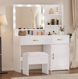 White Vanity Desk with Lighted Mirror and Stool