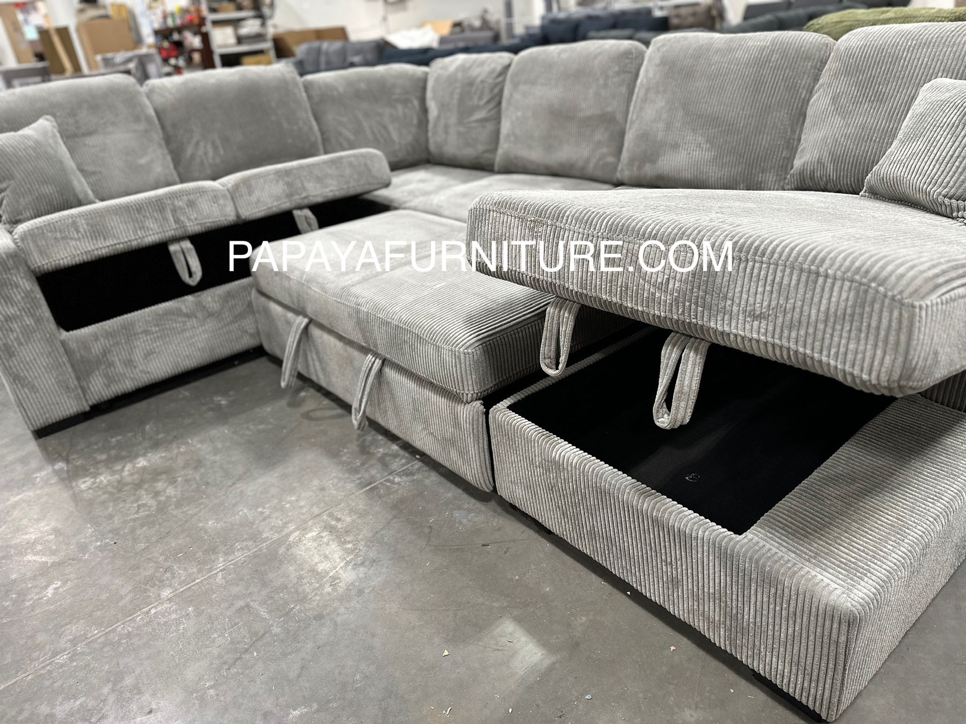 New 120” Large U Shape Sectional Sofa With Pull Out Bed Storage Chaise Fabric Couch