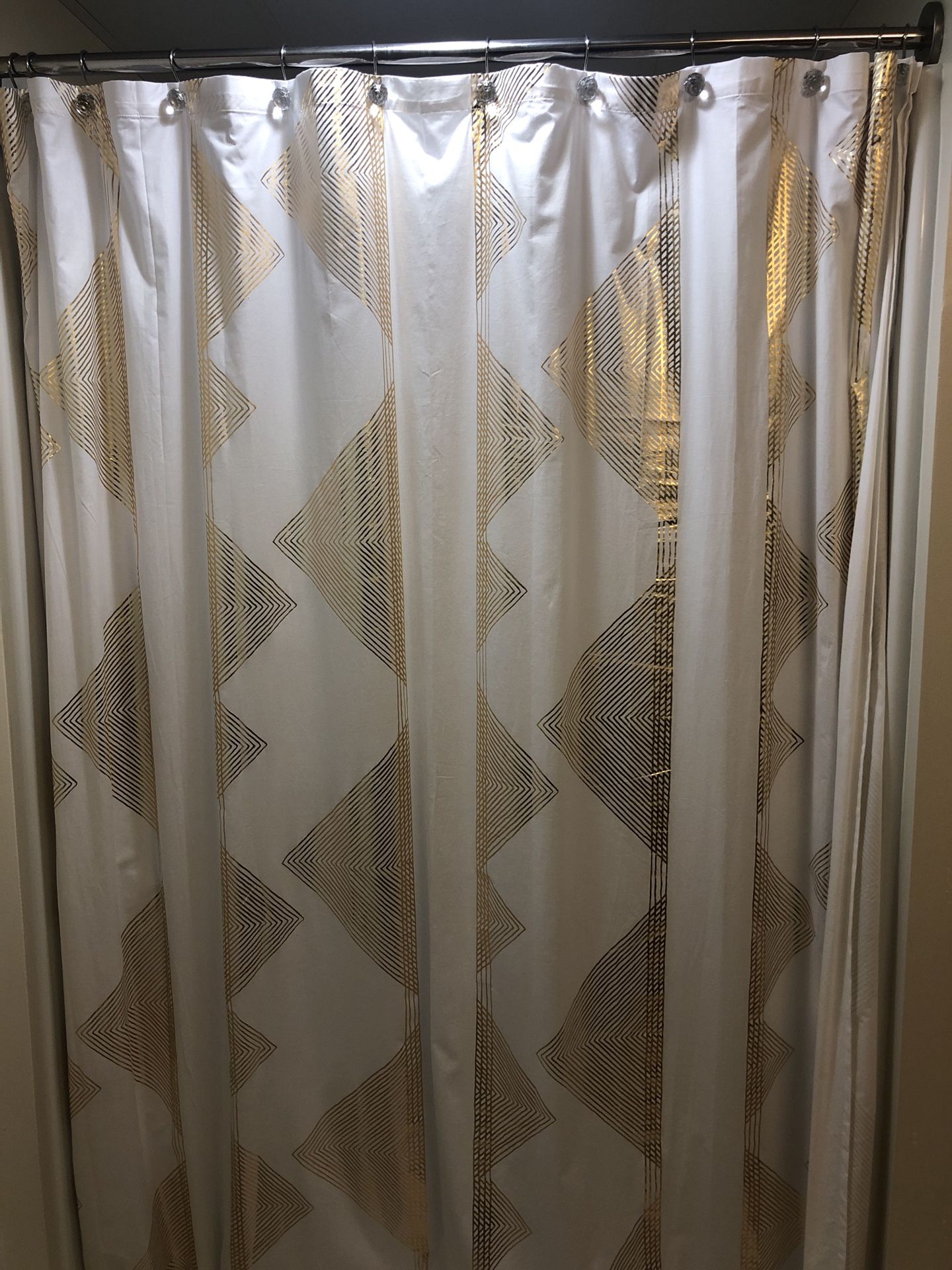 Decorative shower curtain, hooks, and shower liner