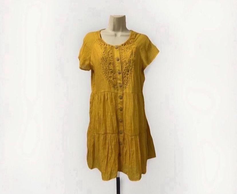 ✨New With Tag ✨ Adult Women Medium Gold Yellow Dress Short Sleeve Button Lace