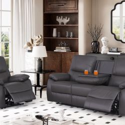 Power Recliner (Set Of 2pc), Genuine Leather, Recliner Chair + 3-Seater