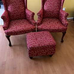 Wingback Chairs and Ottoman 