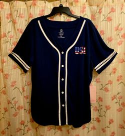USA Patriotic Baseball Jersey Button-Up Navy Shirt Women’s 3XL  NEW! Great Gift!