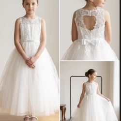 Sheer Neck Flower Girl Communion Dress with Train Ivory White