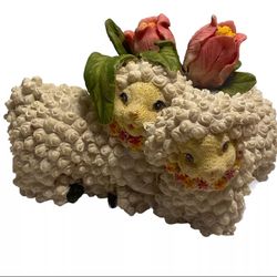 Baby Sheep Figurine two baby Lamb cuddling Pink Parrot Tulips flowers vintage