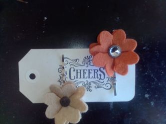 Silver Bobby Pins With Orange And Brown Flowers 