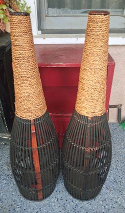 A set of Slatted Bamboo framed floor vase...$15obo for both