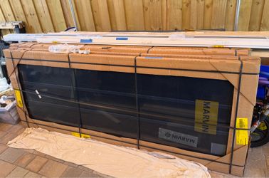 Impact Sliding Glass Doors, 143 1/2 × 95 1/4 White Frame Grey glass