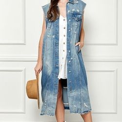 Veveret Full Size Distressed Sleeveless Longline Denim Jacket vest womens 1XL sz