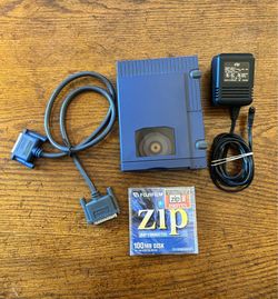 Vintage Iomega Zip 100 External Parallel Port Drive + Sealed New Fujifilm 100MB Disk + Cables