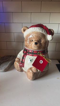 Christmas Teddy Bear Ceramic Cookie Jar