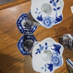 Blue White  Chines Rose Candlestick Holder