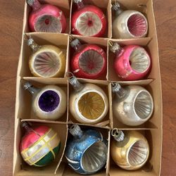 Vintage box of 12 Christmas Ornaments- indent, mica, Poland