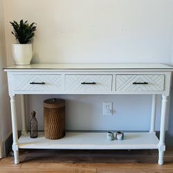 White Console Table with Drawers, Shelf  & Glass Top – 4’ Wide      Price: $70 – Priced to sell!