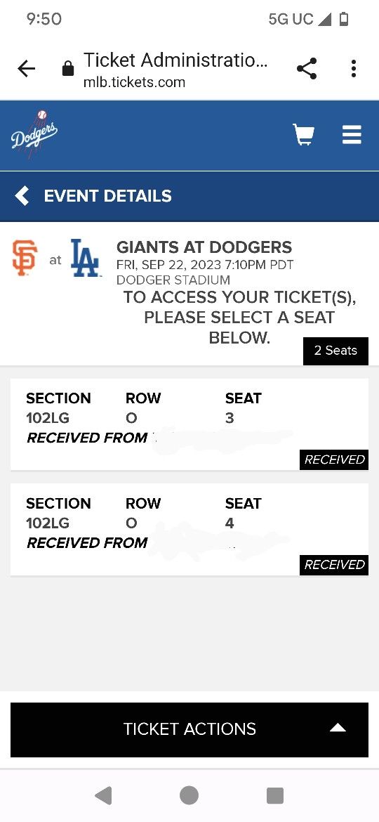 Last Call-2 Dodger Tickets Loge Vs Giants 9-22
