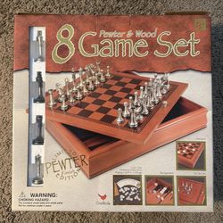 Pewter & Wood 8-Game Set – Chess, Checkers, Backgammon, Cribbage – Complete w/ Box