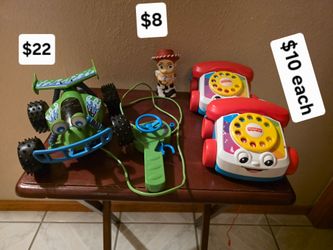 Toy story RC car $22 I could not get it to work, Jesse bath toy$8,  and chatter play telephone $10 ea. 
Pick up in Harlingen, I live near Walmart
Anti