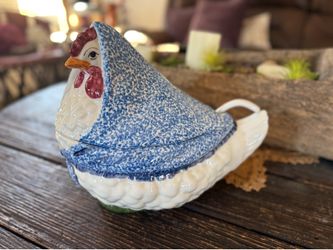 Vintage N.S. Gustin pottery blue stipple hen tureen with ladle