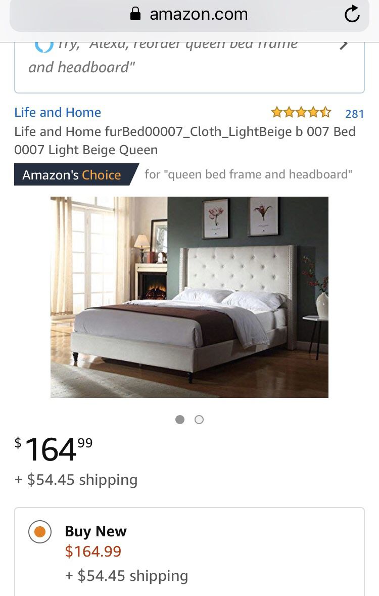 Beige upholstered queen bed frame