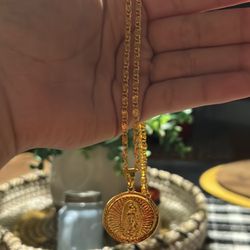 stainless steel Gold Virgencita chain and pendant/stainless steel gold nugget ring