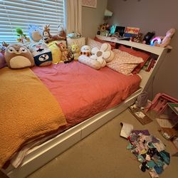 Full size bed with 3 drawers, headboard with shelves