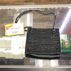 96091 Tory Burch Black Metallic Suede Cross Body Quilted Bag 567779