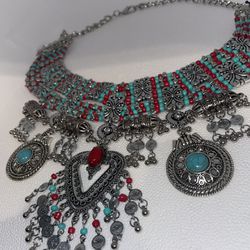 Gorgeous Vintage Inspired Turquoise, Red & Silver Gemstone Tibetan Necklace
