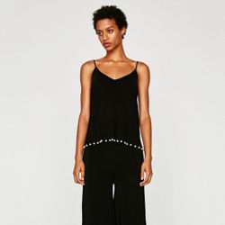 Zara Knit Top With Pearl Lined Trim BLACK sz S