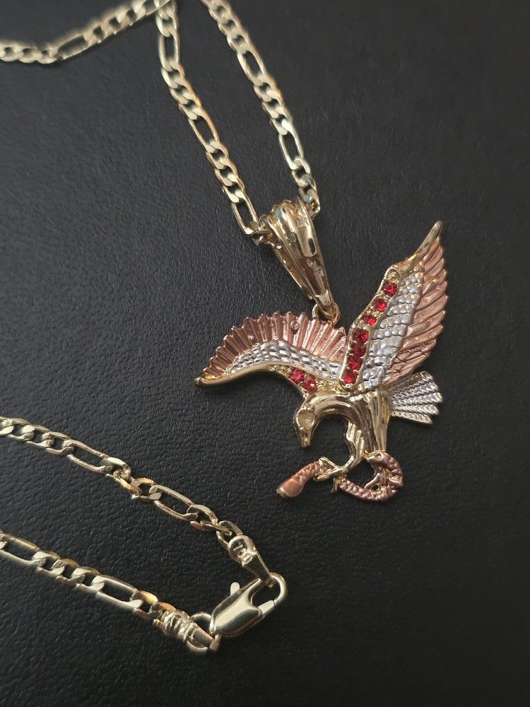 Italian Tri-color Gold Filled Eagle w/ Serpent Pendant; w/ 2.5MM 24in Italian Gold Filled Figaro Chain