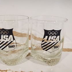 Lot of 2 Vintage RARE 1980 Olympics USA Team Rocks Glasses Glass Clear Black Logo Bar Kitchen Decor 