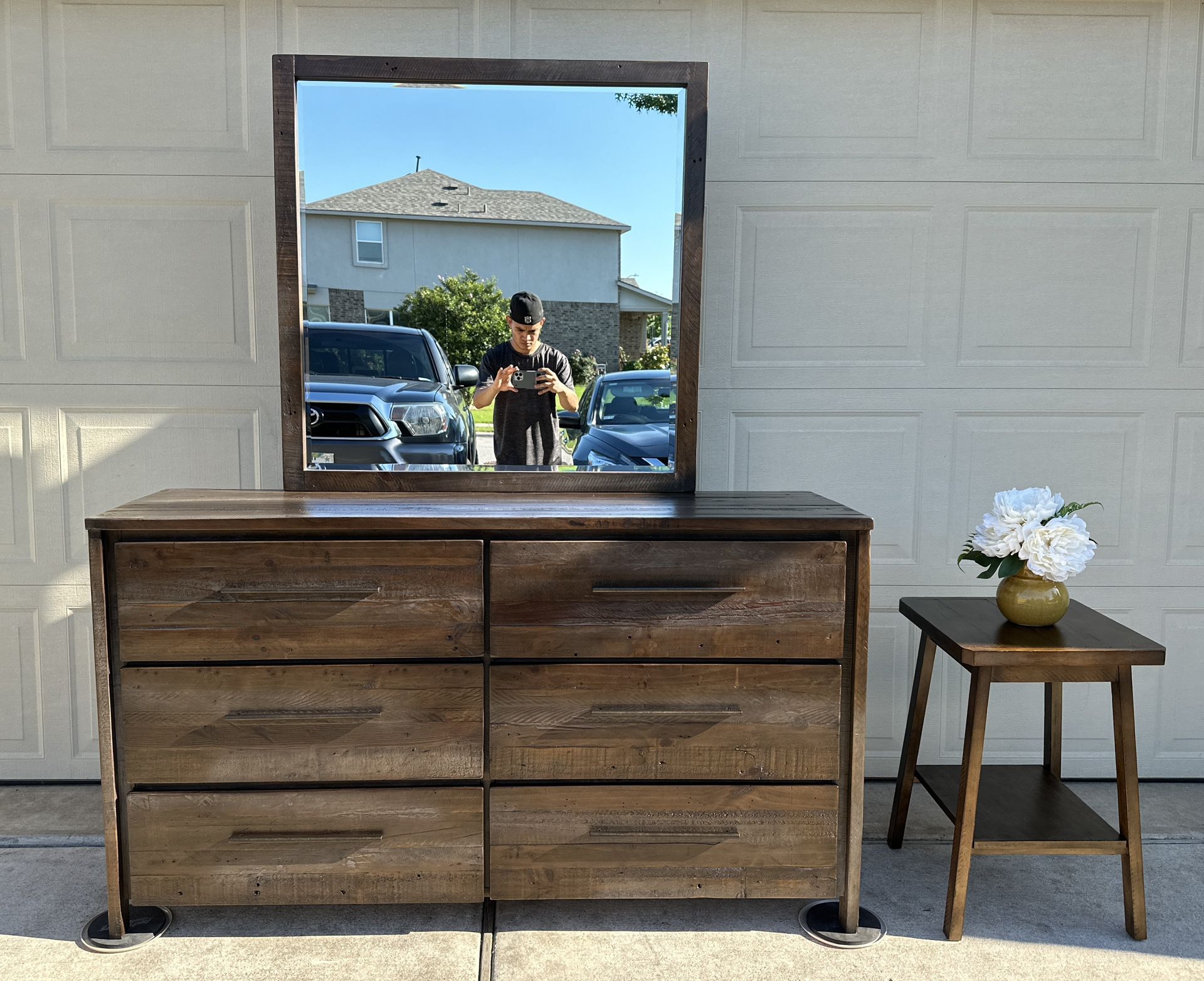 Beautiful Solid Wood Dresser with Mirror and Side Table - Living Spaces Furniture