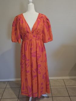 Orange and Pink Geometric V Neck Dress