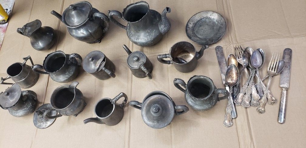 Vintage Silver Plated Teapot,kettle, Cups,Plate  Silverware Collection 