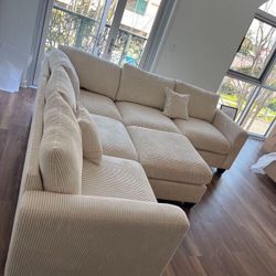 Beautiful 😍 4-pc Sectional Sofa With Ottoman Ivory Corduroy Fabric