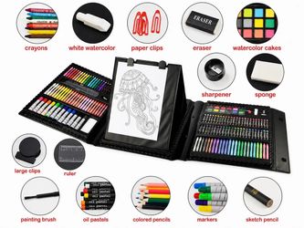 Sunnyglade 185 Pieces Double Sided Trifold Easel Art Set, Drawing Art Box with Oil Pastels, Crayons, Colored Pencils, Markers, Paint Brush, Watercolor