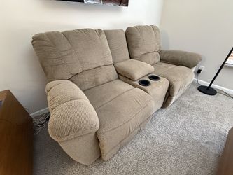 Reclining Loveseat with Storage Console & Cupholders – Tan Textured Fabric, 80" Wide