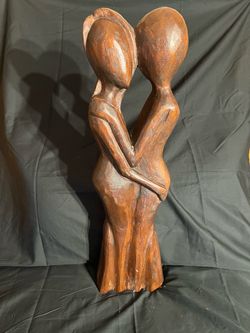 Hand Carved, Wood Sculpture of Lovers Kissing