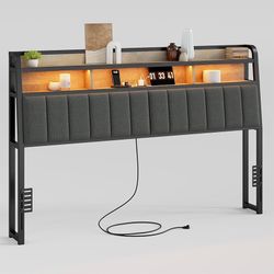 Ergonomic Headboard for King Size Bed with 2-Tier Storage, Upholstered Headboards with Outlets, USB Ports, LED Light, King Head Board Only, Height Adj