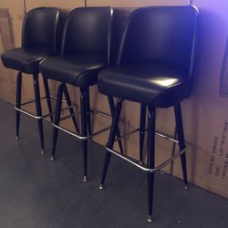 MCM Style Black Vinyl Swivel Barstools - Set of 3