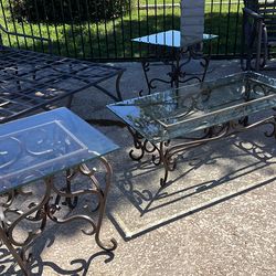 3 piece wrought iron & glass coffee table side table set