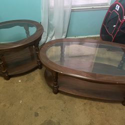 Set Of 2 Solid Wood With Glass Top Tables for Living Room